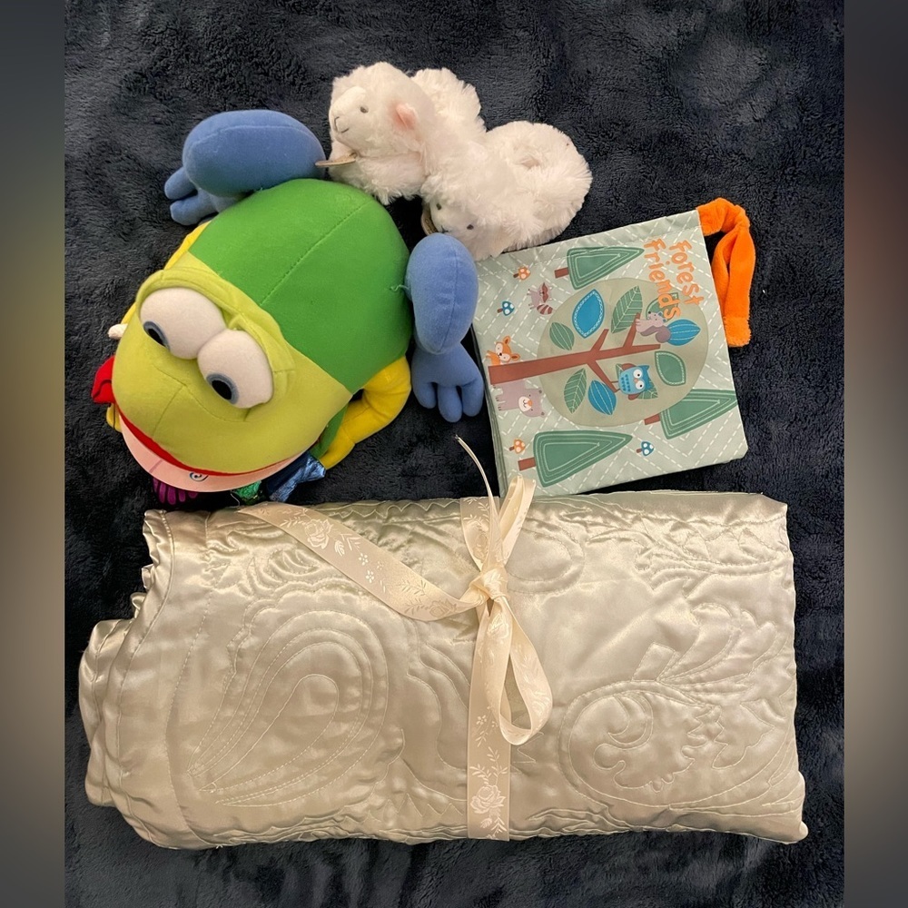 Bundle of a new baby blanket in shiny light green, two interactive baby books